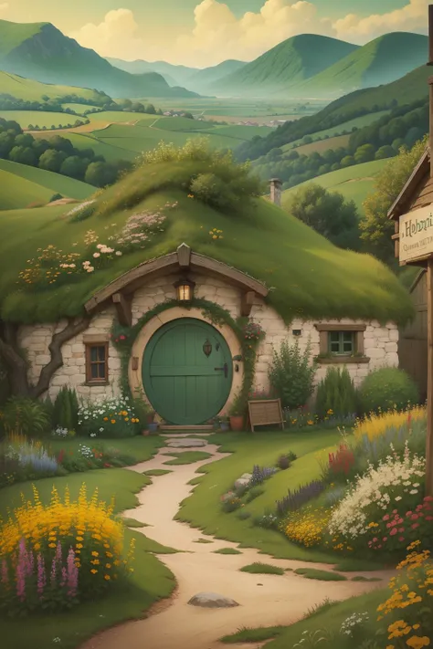 hobbinton landscape-like painting with van gogh art style, hobbit house, hobbit door, hills, hobbit shire