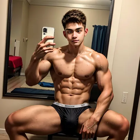 masterpiece, best quality, ultra detailed, realistic, sfw, 1boy, an attractive 18 years old fit white boy sitting in front of a mirror taking selfie, flexing pose, sweat, shirtless, wearing tight jockstrap, big bulge, vpl, smug, full body shot,