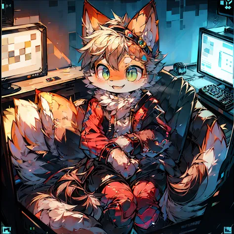 girl fox，female focus，Plush womens clothing，6year old girl，Lovely looks，happy laughing，Creep pattern clothes，Gamer PC， Computer screen visibly playing Minecraft Live smile