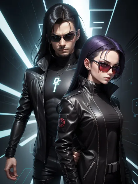 Neo do filme Matrix, High-resolution cartoon style, detalhes acentuados, cores vibrantes, striking facial expression, stylish sunglasses, roupa preta, Futuristic background with highlighted binary code.