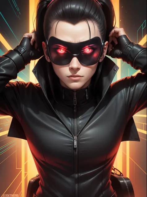 Caricatura de Neo do filme Matrix, High Resolution Cartoon Style, detalhes acentuados, cores vibrantes, striking facial expression, stylish sunglasses, roupa preta, futuristic background with binary code highlighted.