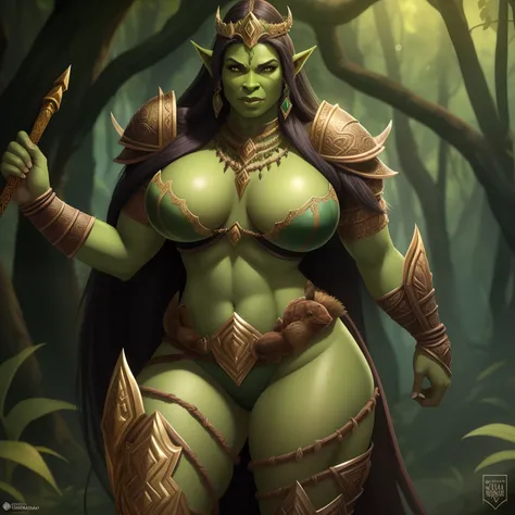 Beautiful female orc queen, pele verde, com coxas grandes, nice hips, nice waist, seios grandes, hair fluttering, vestindo roupas de pele de animais, cortina pelvial, coroa dourada, capa de pele de animal, armadura dourada e adornada com ossos de animais, ...