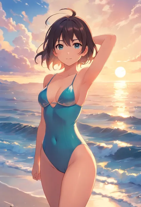 爆乳、huge tit、Huge breasts、Big ass、Tight leotards、a navel、Background sea、show the grinps、Hands on hips、Standing、open ones legs、The cutest beautiful girl