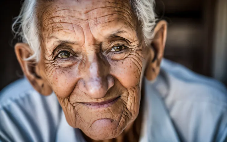 There is a closeup of a person with a very big smile, O olhar de um idoso, rosto enrugado, parecendo velho, Retrato bonito de um desesperado, retrato impressionante, old woman, foto do retrato de um homem velho, rugas intrincadas, close - foto retrato acim...