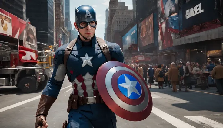 Marvel Cinematic Universe, Captain America Steve Rogers, in Times Square, New York City. Confidently striding through the bustling square, holding his iconic shield, gleaming in the intense futuristic light. Full body shot, facing the camera with determina...