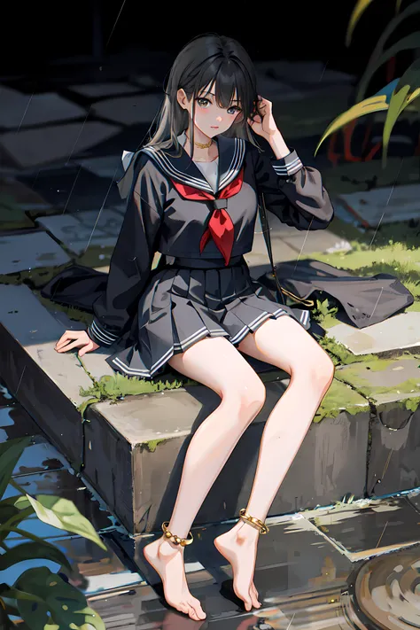 sailor uniform, school uniform, black pantyhose, bare feet, anklet, rain, cool tone, gray,