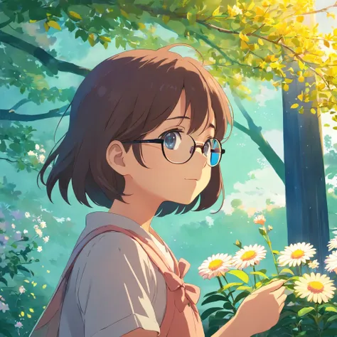 A little girl with glasses looks at the flowers on the tree