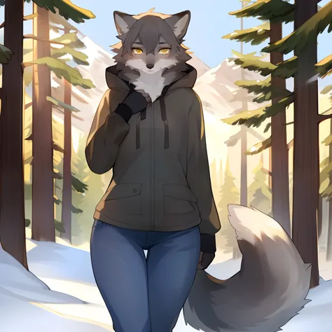 Solo, female, lithe body, lean body, wide hips, canine, ((hair, snout)), timber wolf, grey fur, yellow eyes, tail, grey parka, jeans, pine forest in distance, mountains, by bebebebebe, by spuydjeks, standing,