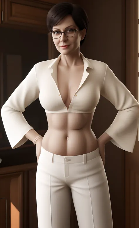 spectacled elderly confident elderly cheeky executive woman in a creamy unbuttoned unglued midriff-shirt and beige very low-rise pants posing, normal chubby tummy, 3 d render of a slender female body, with chubby belly, feminine and normal, sweaty belly, L...