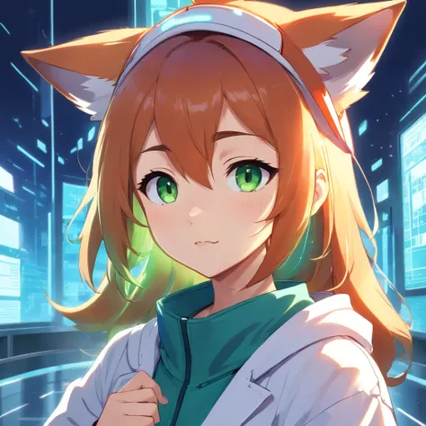 a close up of a cartoon fox with a hoodie on, fox from league of legends chibi,green eyes, art of silverfox, portrait of an anthro fox, an anthropomorphic cyberpunk fox, foxgirl, digital fox, tonic the fox, cute fox, fursona art, falvie, an anthro fox, fox...