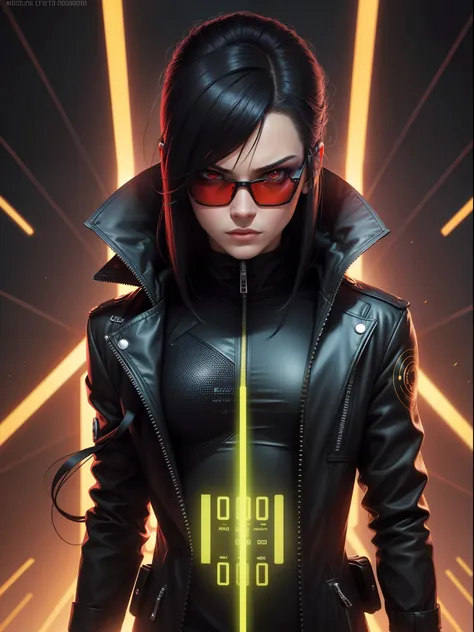 Neo do filme Matrix, High-resolution cartoon style, detalhes acentuados, cores vibrantes, striking facial expression, stylish sunglasses, roupa preta, Futuristic background with highlighted binary code.