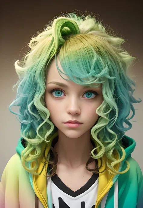 1girl in, Solo, Solo Focus, Cowboy Shot, Portrait, oversized hoodie, Aqua green and white hoodie, Half Aqua, Half Green, ((Brown hair)), (Yellow hair), (Gradient Hair :1.5), Curly hair, ((Pink eyes)), ultradetailed eyes, asa, (Caramel black skin:1.1), Best...