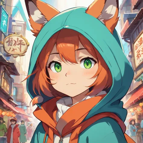 a close up of a cartoon fox with a hoodie on, fox from league of legends chibi,green eyes, art of silverfox, portrait of an anthro fox, an anthropomorphic cyberpunk fox, foxgirl, digital fox, tonic the fox, cute fox, fursona art, falvie, an anthro fox, fox...