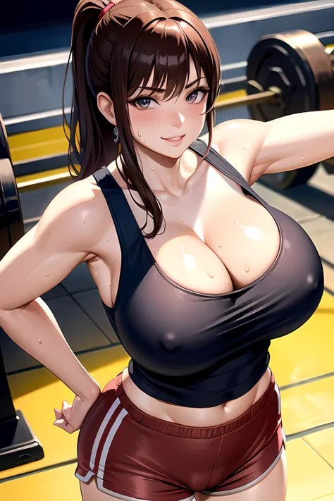 8k,Best Quality,masterpiece,Extremely detailed,realistic,1girl,japanese woman,(big breasts:1.2),cleavage,[[cameltoe]],toned and glamorous body,(Tank tops:1.3),(Hot Pants:1.3),ponytail,Brown hair,smirk,(Sweat on breasts),(fitness:1.3),looking at viewer,cowb...