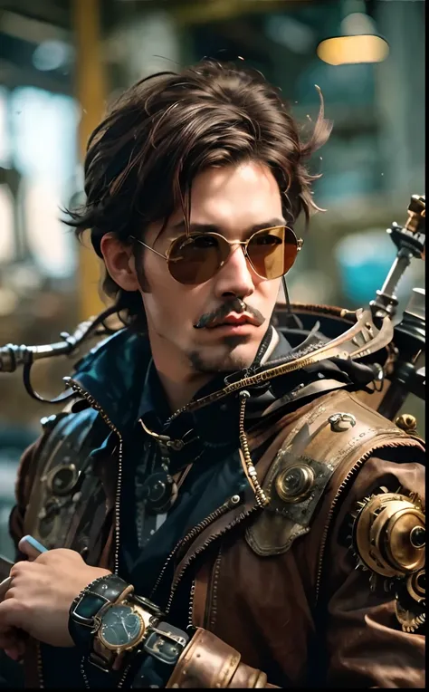 um homem com uma jaqueta de couro segurando uma espada, estilo de fantasia Steampunk, steampunk aesthetic, Retrato masculino Steampunk, estilo Steampunk, Steam Punk Style Steampunk Glasses, roupas Steampunk, cyberpunk Steampunk, guerreiro Steampunk, usando...