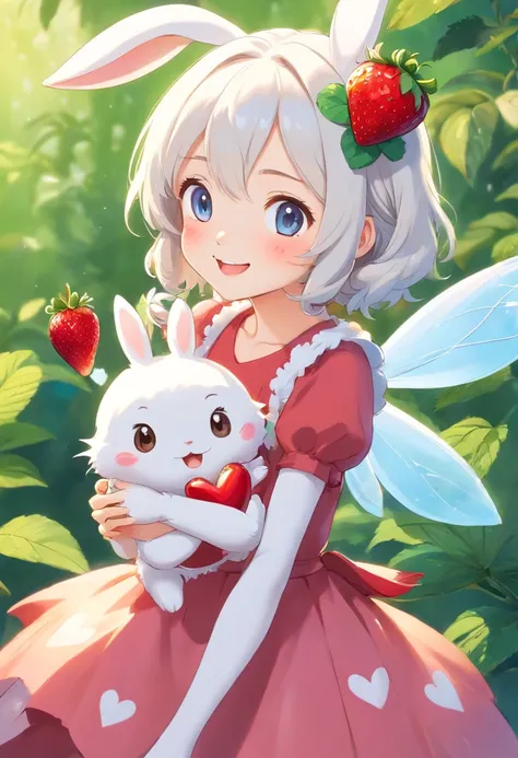 light background color, 3D rendering, a super cute light ty low and white Pixar style fairy tale bunny, holding a heart-shaped strawberry, laughing, sweet smile, cute smile, cute smile, long two lovely ears, sparkling fur, big bright eyes, fluffy hair, dre...