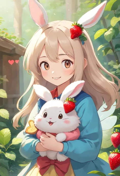 light background color, 3D rendering, a super cute light ty low and white Pixar style fairy tale bunny, holding a heart-shaped strawberry, laughing, sweet smile, cute smile, cute smile, long two lovely ears, sparkling fur, big bright eyes, fluffy hair, dre...