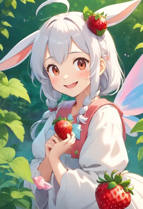 light background color, 3D rendering, a super cute light ty low and white Pixar style fairy tale bunny, holding a heart-shaped strawberry, laughing, sweet smile, cute smile, cute smile, long two lovely ears, sparkling fur, big bright eyes, fluffy hair, dre...