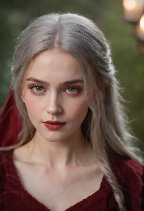 (((A deep red wound streaked across her left cheek))) Fair complexion, A woman around 19 years old, Natural gray hair, Unique green eyes, Wear Cole, Slender and graceful, Beautiful, Candlelight in a medieval setting, super sharp focus, realistic lens, Medi...