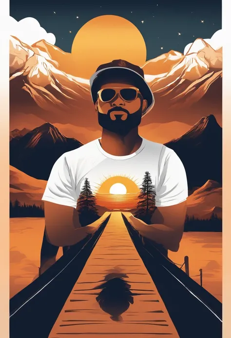 Print-ready vector T-shirt design, An adventures scene, The background is beautiful night sun and mountains, Clean white background, Professional vector, Full shot, 8K resolution, Impressive illustration