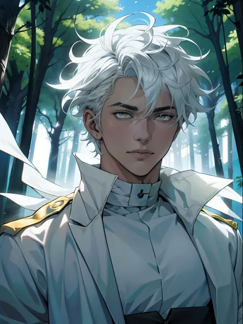 Anime character with white hair and yellow eyes standing in front of a green tree, Hajime Yatate, Dios de pelo blanco, Nagito Komaeda, Koyoharu Gotouge, Retrato de anime de un hombre guapo, Hombre alto de anime con ojos amarillos, Anime hombre guapo, Un lo...