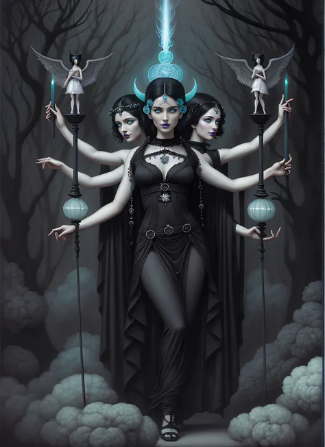 Hecate, the goddess of magic, seated on an obsidian throne amidst a swirling vortex of midnight blue and deep purple, her ebony hair cascading like liquid shadows, her eyes aglow with arcane power, an aura of mystic energy emanating from her, Sculpture, sc...