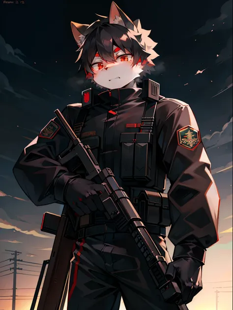 solo, kemono, male, black hair, red eyes, wear SWAT outfit, wear SWAT hat, standing on military base, grabbing Rifle gun, military background, noon time