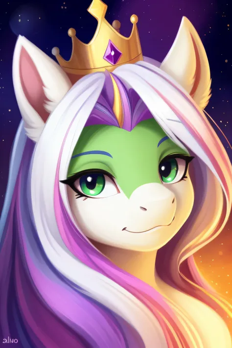 Painted portrait of the face of a cute adult quadruped pony, having a crown and long colored hair, her eyes are green and she has a horn, her fur is white.