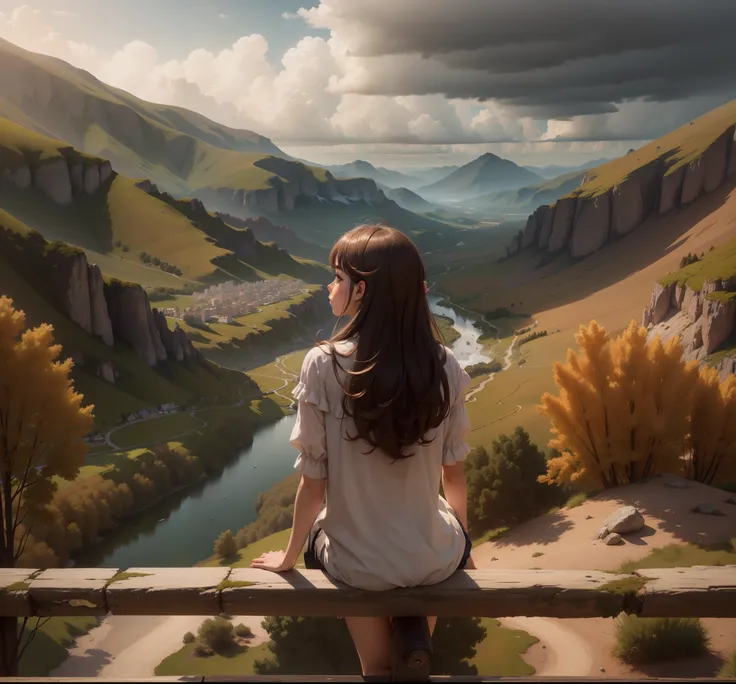 (best quality,highres,masterpiece:1.2),ultra-detailed,realistic:1.37,a girl observing in the midst of the landscape, from the heights,fine brushstrokes,vivid colors,smooth transitions,portrait,soft lighting,detailed features,serene expression,flowing hair,...