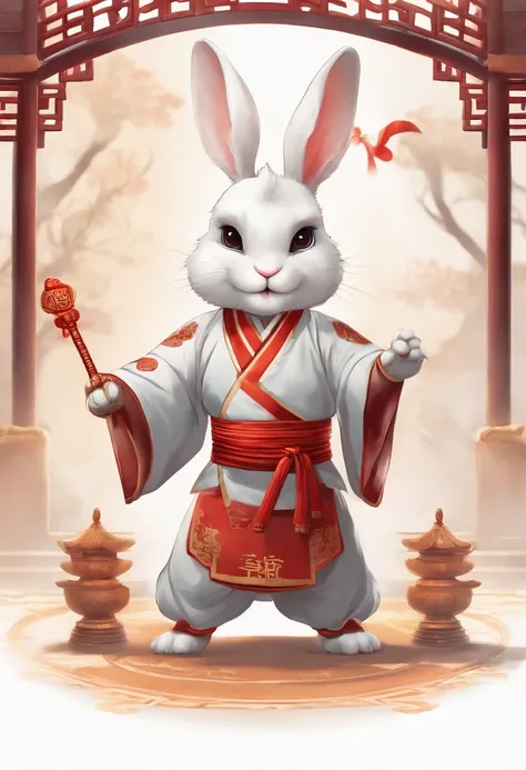 Cute rabbit monster dressed in Chinese martial arts costume,Chinese martial arts,Chinese painting style cartoon P movie light dry white background advanced color scheme