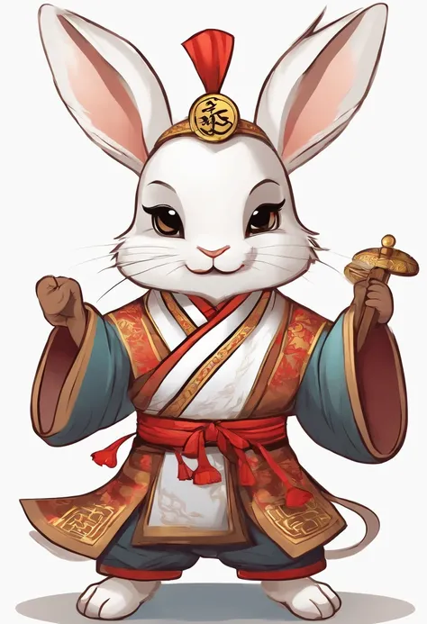 Cute rabbit monster dressed in Chinese martial arts costume,Chinese martial arts,Chinese painting style cartoon P movie light dry white background advanced color scheme