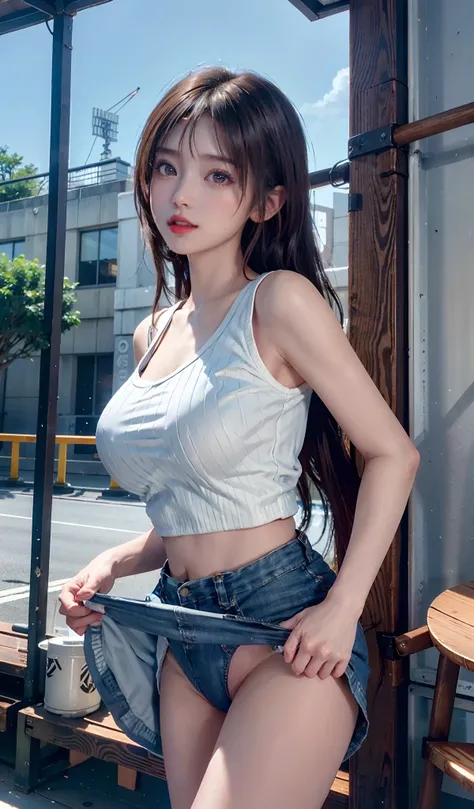 (((Shoot from a low angle below)))、(((White denim、White denim shorts、Pink denim、Denim wrinkled and lifted、The display tray is lifted.、Lift your shorts yourself、White denim shorts)))、(((Panties can be seen through the gaps in the shorts)))、White vest、ultra ...