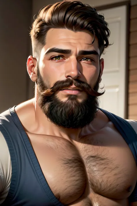 homem bonito com barba alinhada, bigode feito e cabelos ondulados pretos, olhos verdes, masculinizado, modelo, hetero top, realista, foto