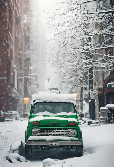 There is a green wagen with a snowman on it, 
 covered in snow, The background is only snow in the urban area、covered in snow, Snow on the body, finely detail, powerful detail, Cold snow outside, Detailing, Car, Car, Car parked below, snow blowing, jeep in...