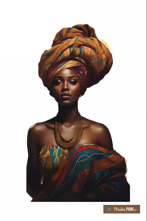 pintura de uma mulher com um turbante e um colar, pele escura deusa feminina do amor, Princesa negra africana, stunning digital illustration, bela arte digital, Beautiful digital illustration, Rainha africana, mulher africana, lindo pintura digital, pintur...