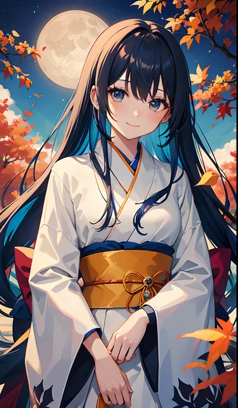 Beautiful girl alone、sky blue hair、length hair、a smile、Black eyes、独奏、Orange kimono、lonely、Colored leaves、natta、a moon