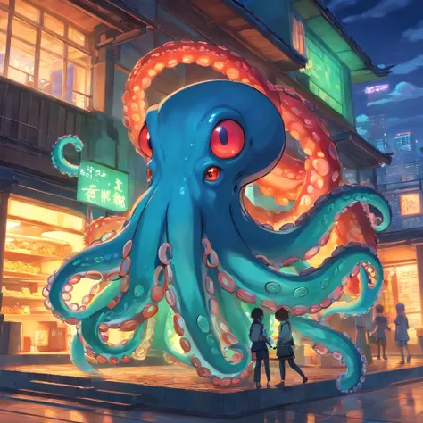 cephalopod, Blue tentacles，With a fiery red band, Blue-green minotaur horns, glowing bright yellow eyes, On the roof of the kiln, Masterpiece, Best quality，Very long octopus legs，Realistic，