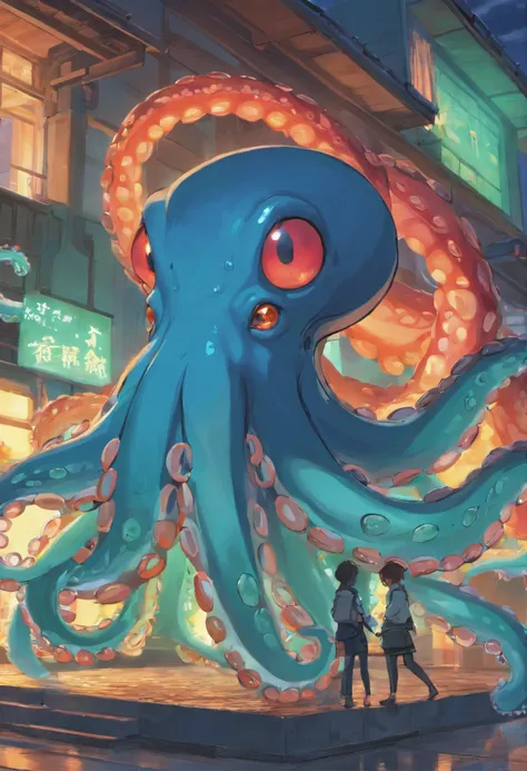 cephalopod, Blue tentacles，With a fiery red band, Blue-green minotaur horns, glowing bright yellow eyes, On the roof of the kiln, Masterpiece, Best quality，Very long octopus legs，Realistic，