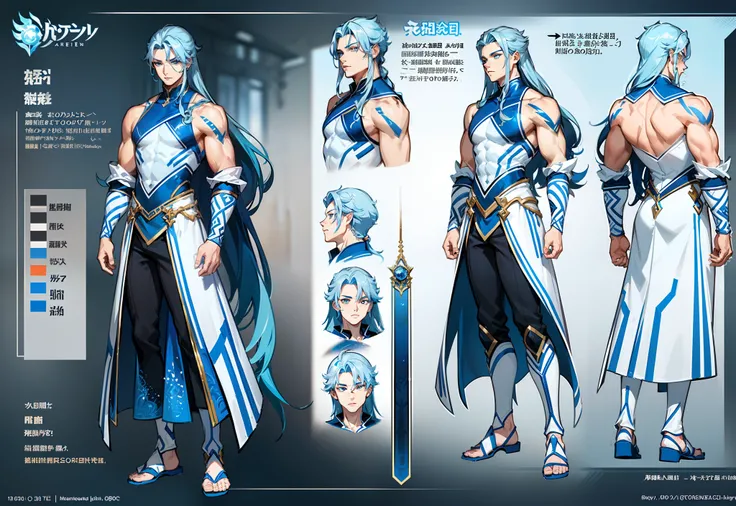 1boy, single, asian boy, reference sheet, character design, front angle, side angle, rear angle, dynamic poses, (masterpiece:1.2), (best quality:1.3), ice fantasy outfit, muscle body, athletic body. (Blue eyes), (long hair), (long bangs), (blue hair), (pal...