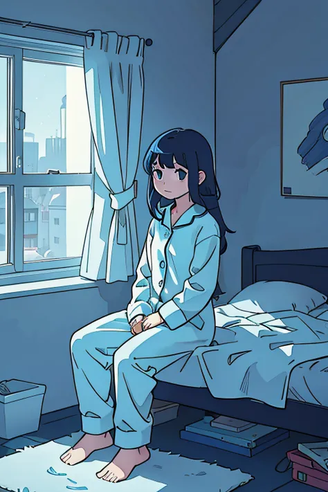 teens girl、s Pajamas、inside in room、Physical education sitting、mid night、 crescent、 weightless, Graphic Novel, Light Blue, Low Contrast, Lonely, Nightlight, Soft Lighting