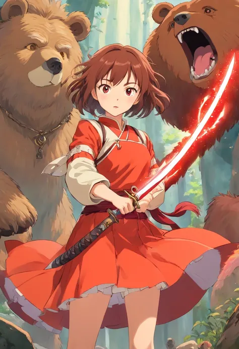 uma mulher pequena e fofa de cabelos brancos, with a well-detailed sword in his right hand, com correntes em sua perna e sangue no nas pedras, with a giant bear behind her with its mouth full of blood.