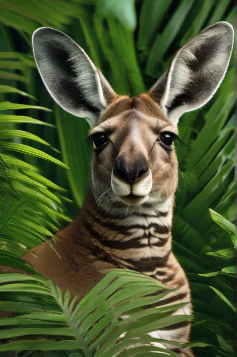 Kangaroo High nation-geographic symmetrical close-up portrait shoot in green jungle of an expressive Zebra, anamorphic lens, ultra-realistic, hyper-detailed, green-core, jungle-core –ar 16:9 –q 2 –v 5 rtx on --ar 73:128 --s 750 --v 5. 2