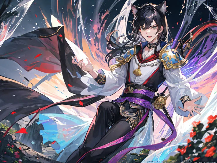 Best quality at best，A prince，Cat ears，Asian boys，full bodyesbian，20yr old， Thats great， sportrait， ssee-through，Black hair，The background is in the fairy world， the witcher，The background is in the fairy world，vred，Very angry