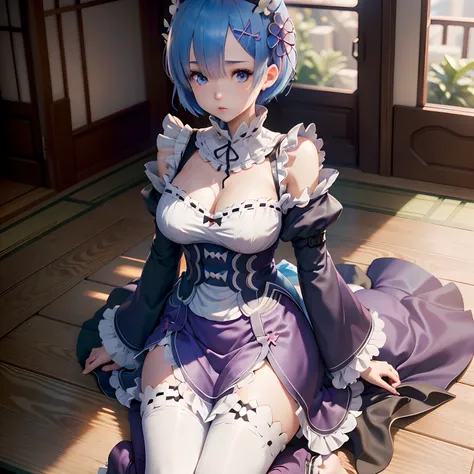 (hyper rhealist girl:1.2), ((Rem de 18 anos)), (re;zero), corpo inteiro, single body, Looking at Frénte, sitting on ground, (coxas internas expostas), joelhos dobrados, (cabelo curto), (cabelo azul), middlebreasts:1.3, Quarto feminino, Traditional Japanese...