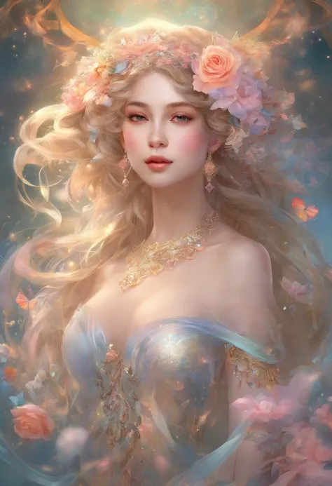 tmasterpiece，Highest high resolution，Soft lighting，Beautiful aristocratic maiden，Delicate braided hair，Coiled hair，Shining clear eyes，The hair is covered with beautiful and delicate floral craftsmanship, crystal、Diamond jewelry filigree，Ultra-detailed deta...