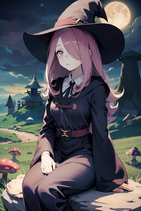 masterpiece,best quality,high quality, best quality, 4k,8k,sucy manbavaran, witch hat, dull pink hair, night sky, stars, hair ov...