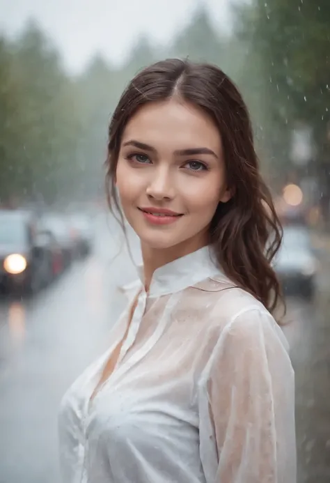 A beautiful girl wearing white transparent shirt on rainy day, happy smile, spring