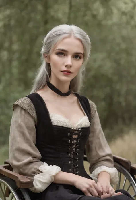 Fair complexion, A woman around 19 years old, Wearing a black corset，Natural gray hair, Unique green eyes, Wear Cole, Slender and graceful, Beautiful, Medieval environment， super sharp focus, realistic lens, Medieval womens clothing, Four colors (Scar:1.4)...