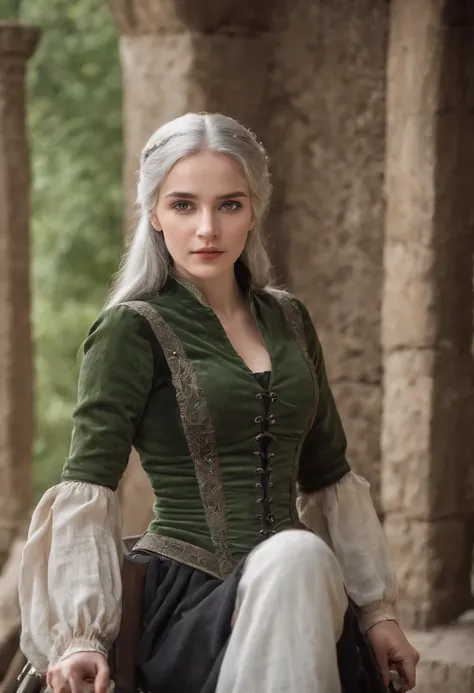 Fair complexion, A woman around 19 years old, Wearing a black corset，Natural gray hair, Unique green eyes, Wear Cole, Slender and graceful, Beautiful, Medieval environment， super sharp focus, realistic lens, Medieval womens clothing, Four colors (Scar:1.4)...