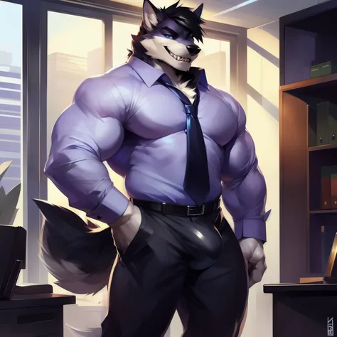 Solo, male, standing, canine, white fur, blue eyes, black hair, short hair, detailed eyes, detailed hands, lavender dress shirt, black dress pants, smirking, sharp teeth, wolf, by darkgem, by mystikfox61, muscular, office, bulge, detailed crotch, (detailed...